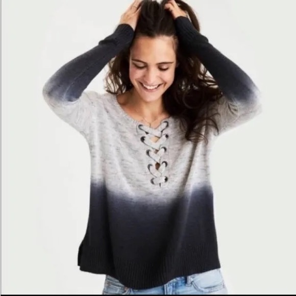 American Eagle Womens Size Small Gray Ombre Lightweight Lace Up Knit Sweater - Picture 1 of 6